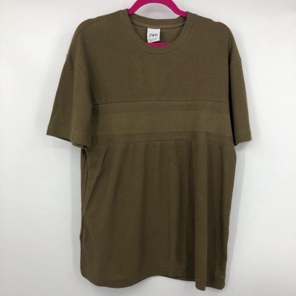 Zara Olive Green Knit Woven Crewneck Tee Shirt M